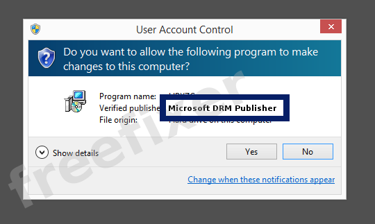 Screenshot where Microsoft DRM Publisher appears as the verified publisher in the UAC dialog